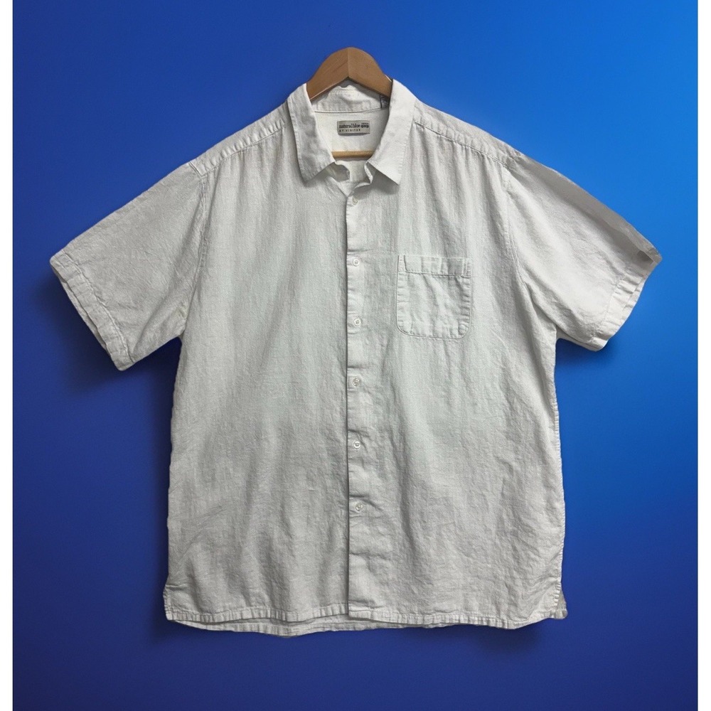 Natural Blue by Visitor Men's XL White Linen Cotton Short Sleeve Button Up Shirt